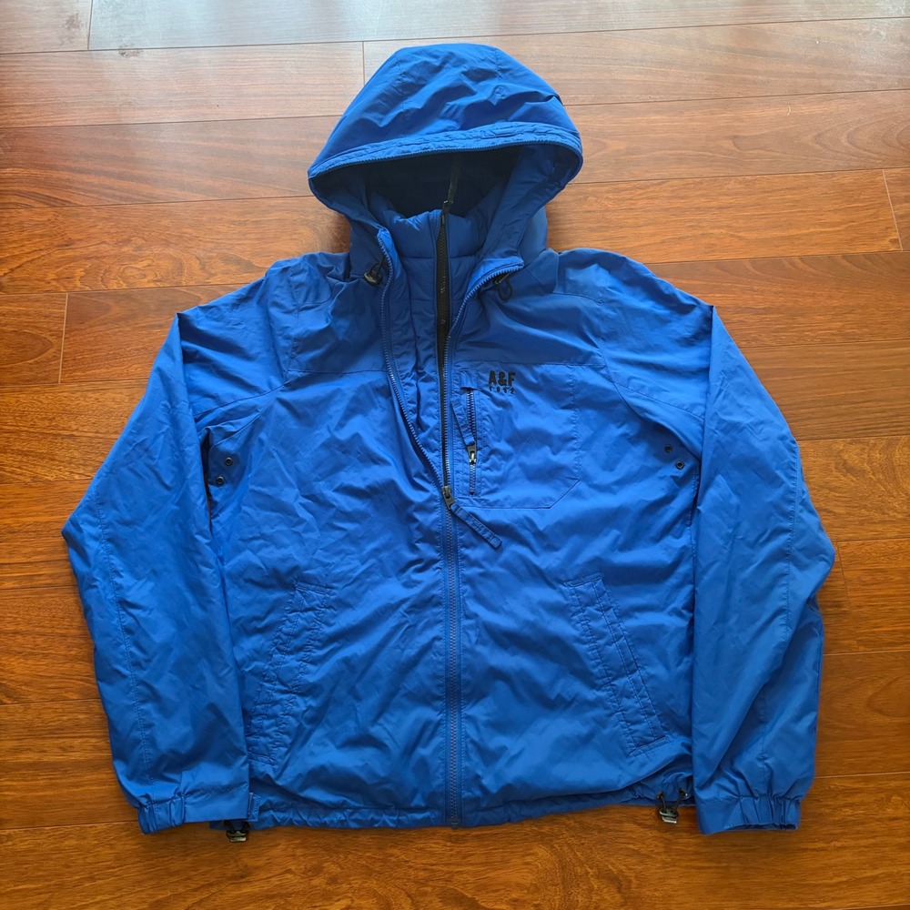Abercrombie Mens XL Blue Hooded Windbreaker Jacket Fleece Lined Gorpcore Coat